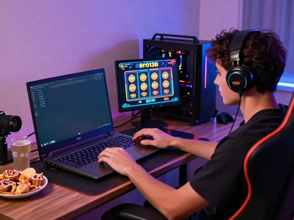 Engaging scene of a player enjoying bro138 slot game on a laptop in a vibrant gaming setup.