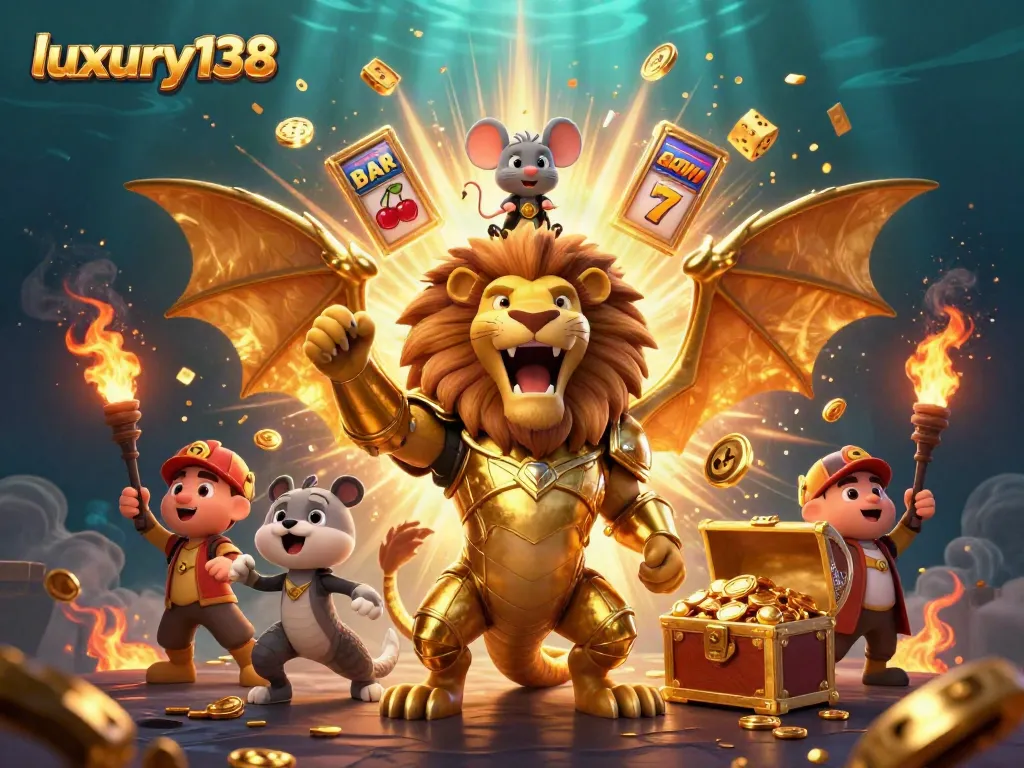 Experience the luxury138 thrill with a victorious chimera and jackpot explosion in an exciting casino scene.