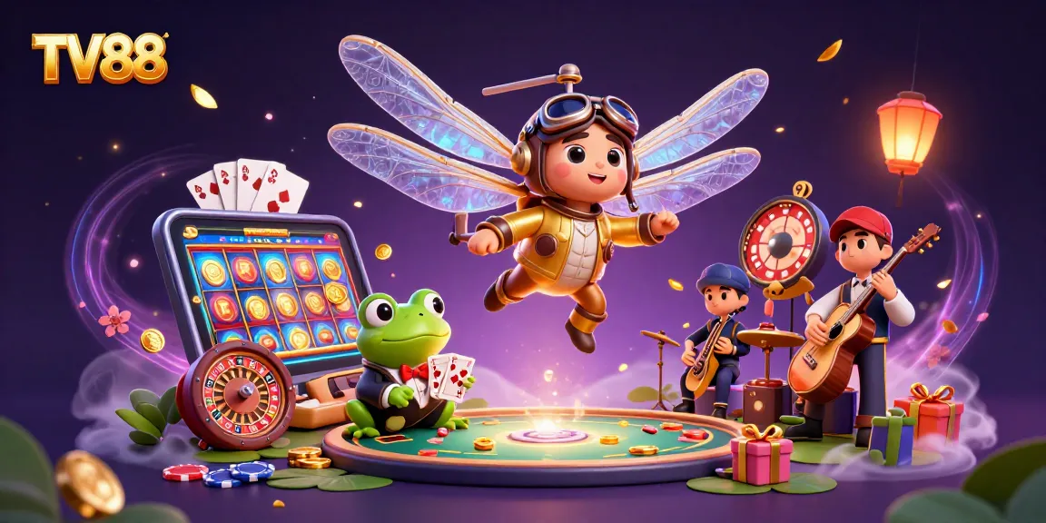 Experience the excitement of TV88 casino with a lively dragonfly pilot and frog dealer amidst vibrant gaming elements.