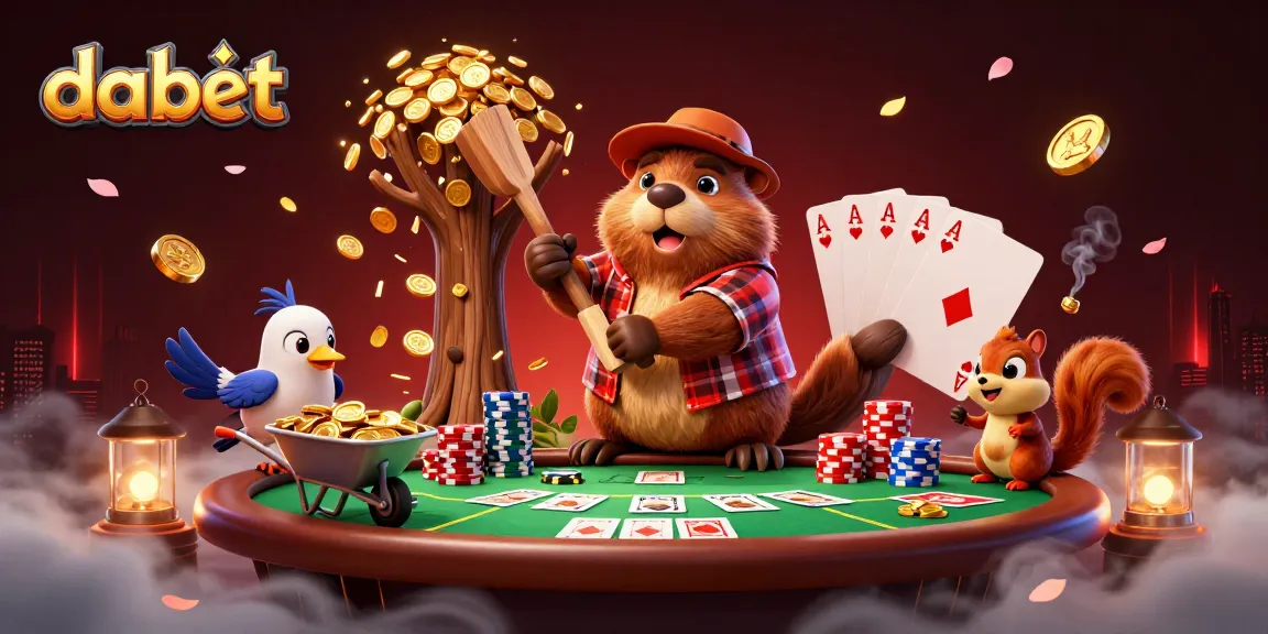 dabet brings excitement with a beaver chopping a coin tree, surrounded by vibrant poker elements.