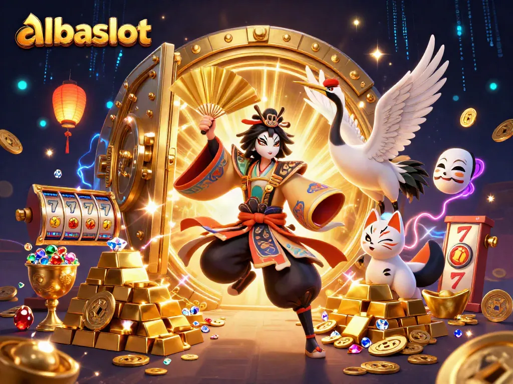 Menampilkan albaslot, ilustrasi 3D kabuki dengan elemen kasino, slot, dan harta karun, menggambarkan suasana perjudian yang menarik.