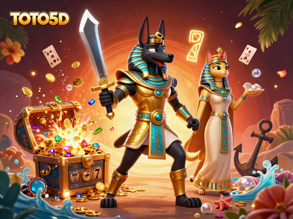 TOTO5D reveals thrilling lottery dynamics with ancient symbols and a treasure-filled scene.