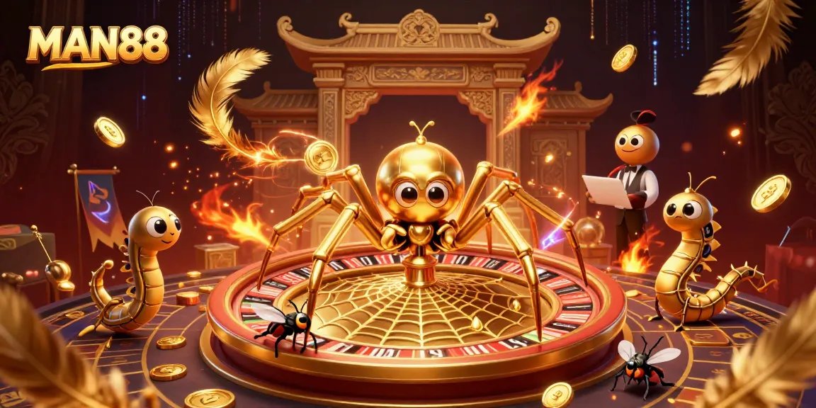 MAN88 features a golden spider and centipede croupier spinning a roulette web, showcasing gaming excitement.