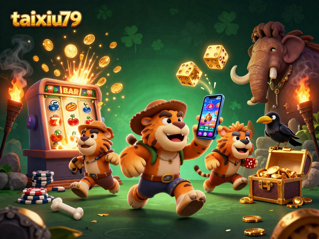 Experience the thrill of taixiu79 with a vibrant casino scene featuring caveman camaraderie.