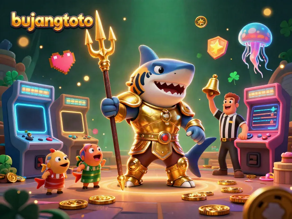 Bujangtoto showcases casino excitement with a colorful illustration of a tiger shark in gladiator armor.
