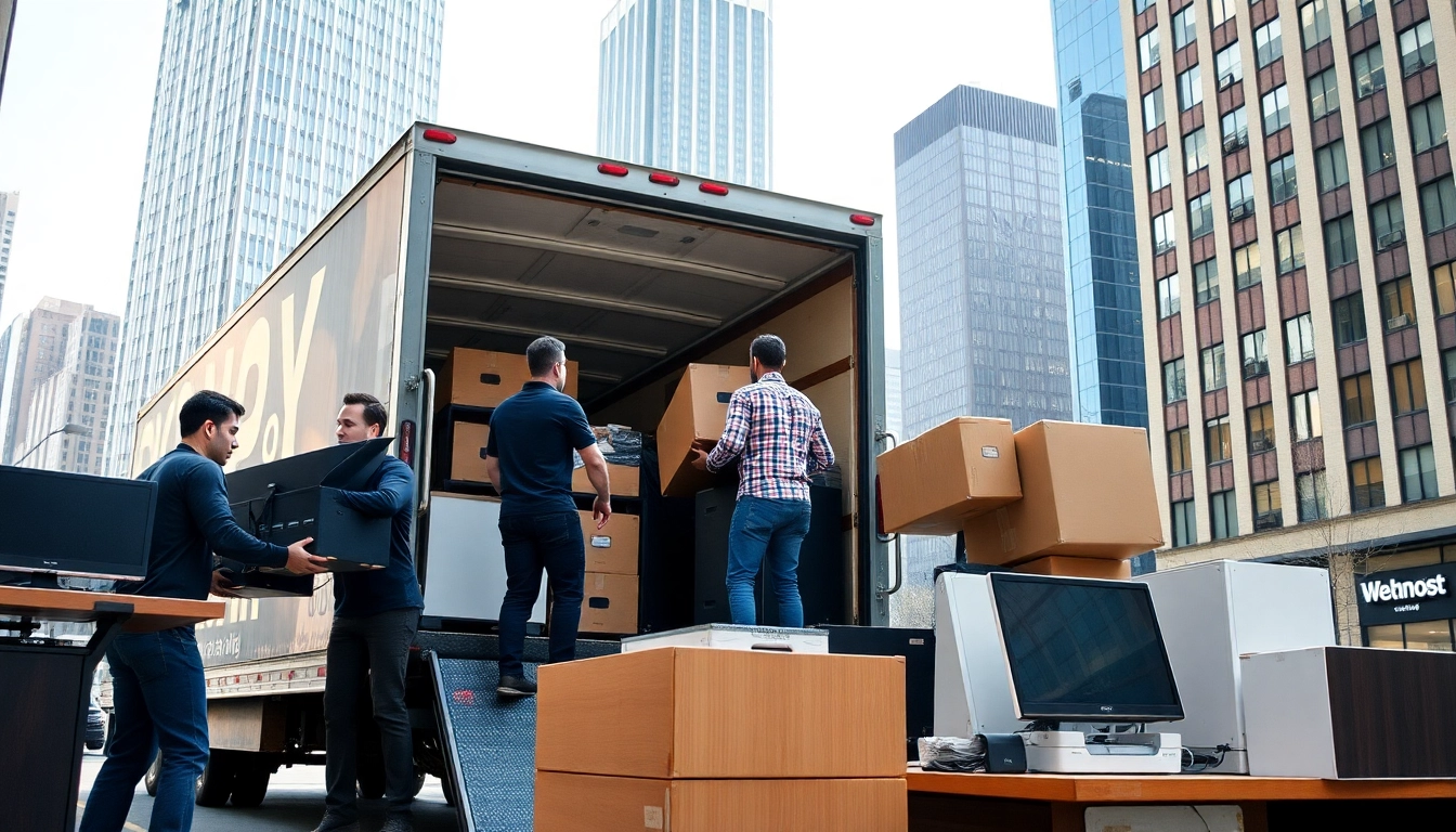 Office Moving Services NYC team efficiently packing office equipment for a city relocation.