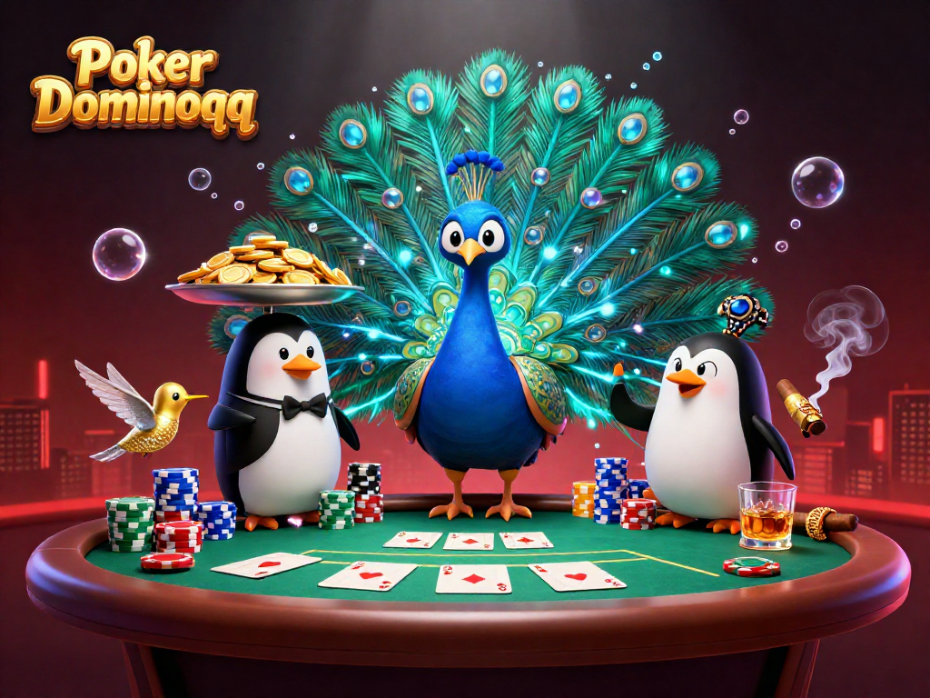 Engage in thrilling Poker Dominoqq as dynamic characters gather around a rich poker scene featuring vibrant chips and a colorful poker table.