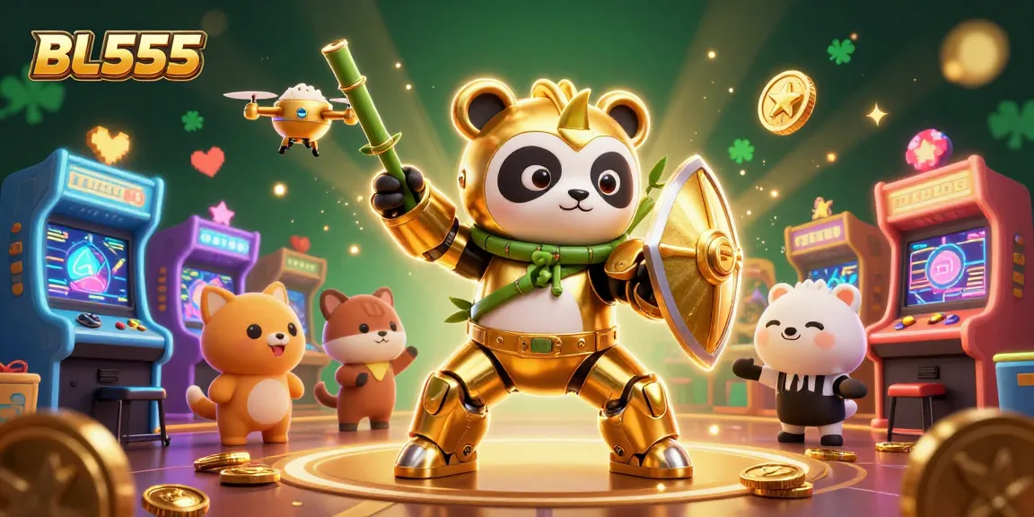 Engage in thrilling gameplay at BL555, featuring a vibrant mech-suit panda battling in a lively casino scene.