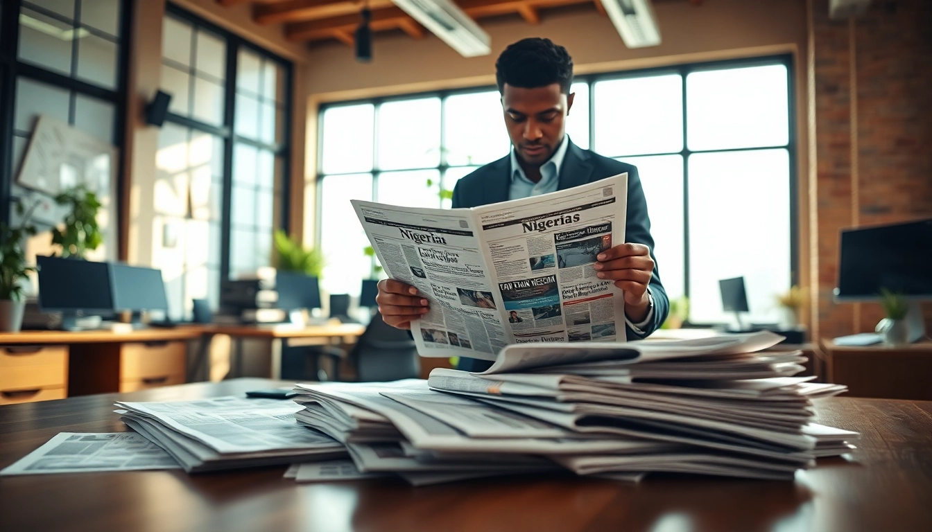 Nigerian Newspapers spread across a modern newsroom desk with a journalist at work.