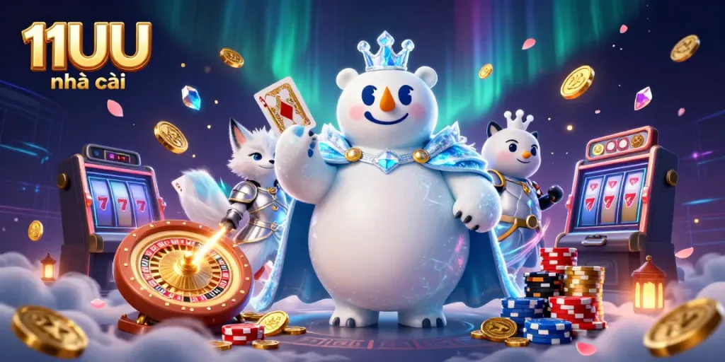 Experience the thrill of 11UU nhà cái, featuring a royal polar bear and snow fox in a dynamic casino scene.