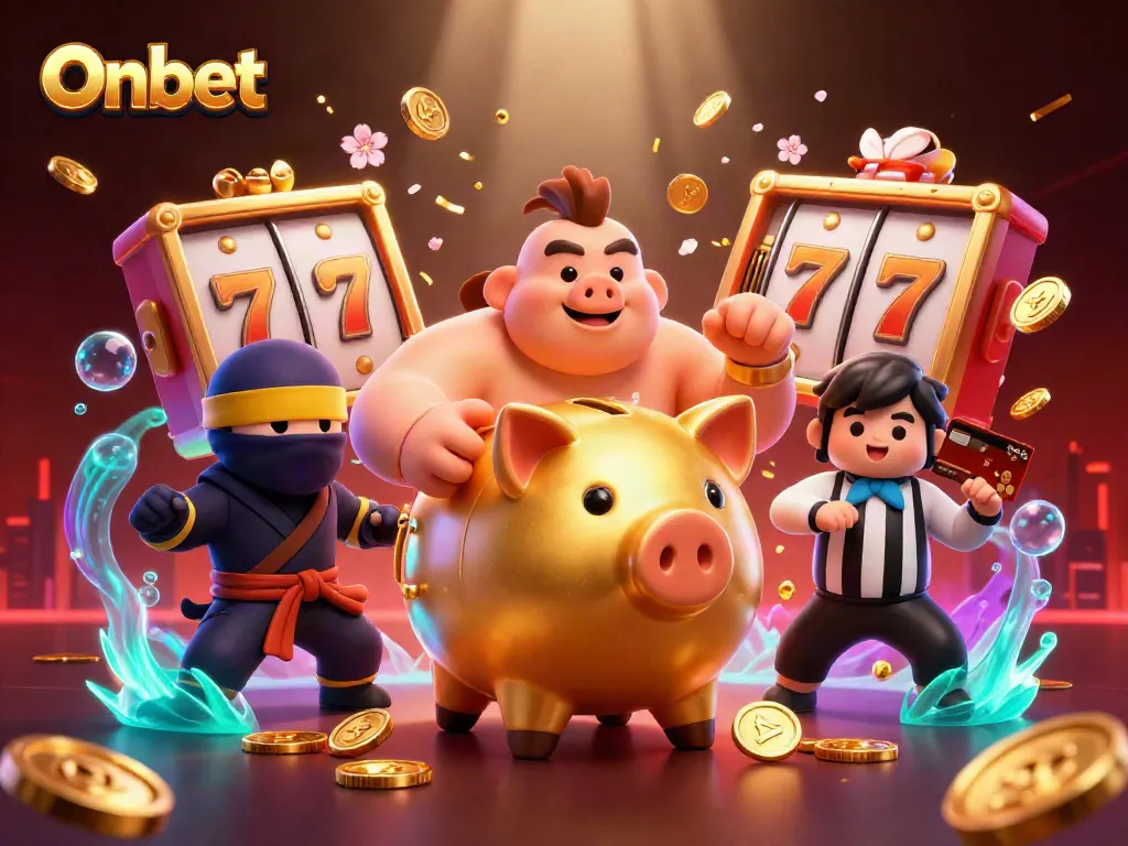 Engage in Onbet's thrilling slots with vibrant characters, fireworks, and golden coins!