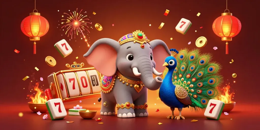 Permainan situs slot dengan gajah dan burung merak dikelilingi simbol keberuntungan dan lampion merah.