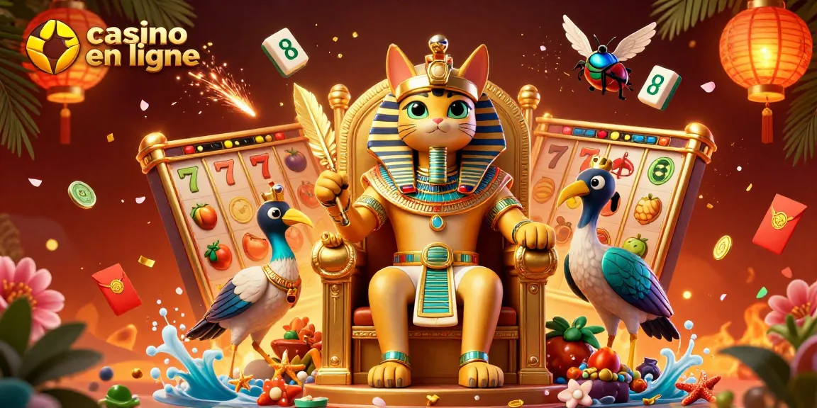Illustration 3D captivante avec un chat pharaon et des éléments de casino en ligne.