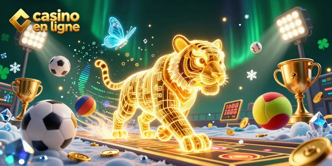 Jouez au casino en ligne avec le tigre lumineux et des éléments sportifs flottants.