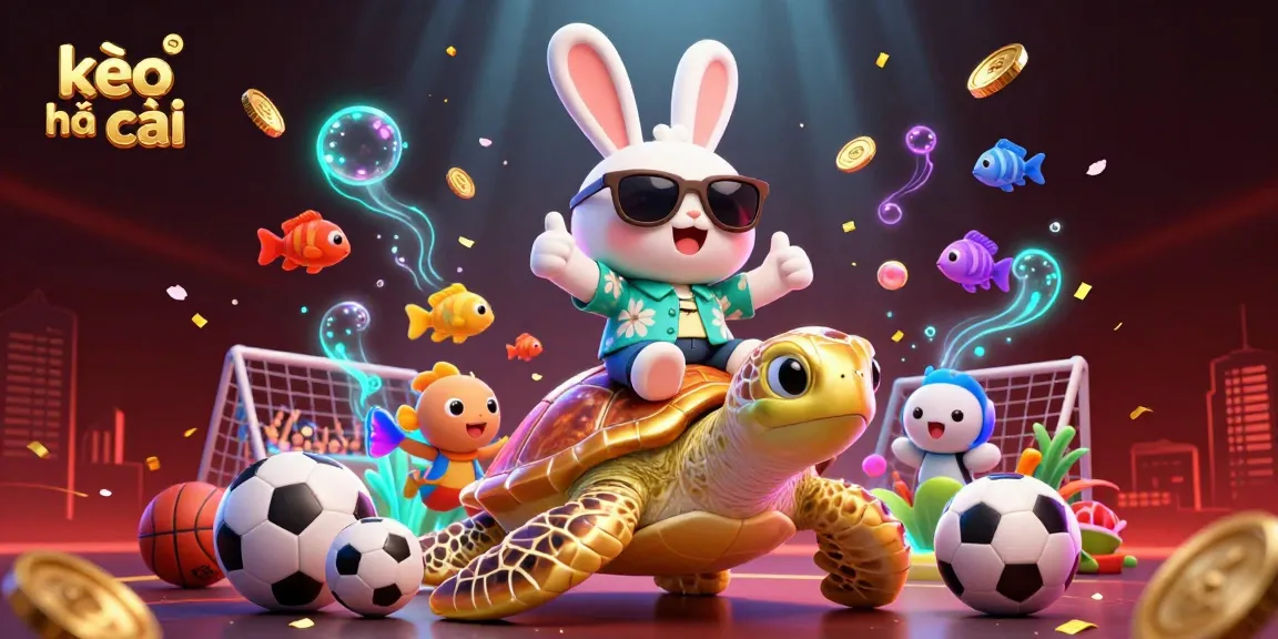 Join the excitement of kèo nhà cái with this vibrant 3D scene featuring a lucky rabbit and turtle amidst sports elements.
