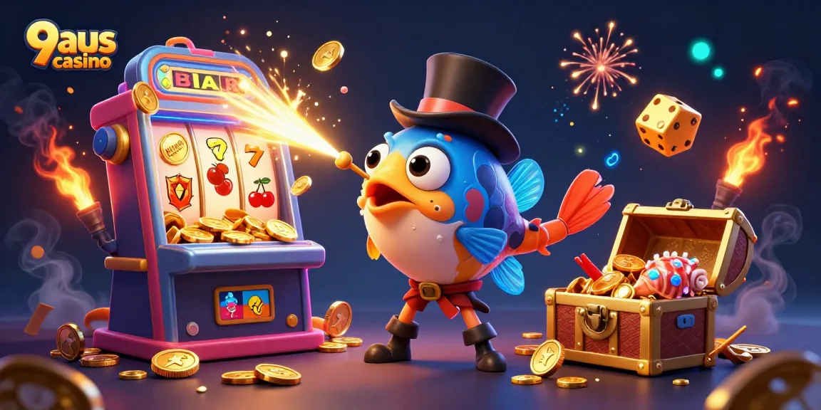 Experience thrilling gameplay at 9aus casino with vibrant 3D characters and slots amidst a jackpot explosion.