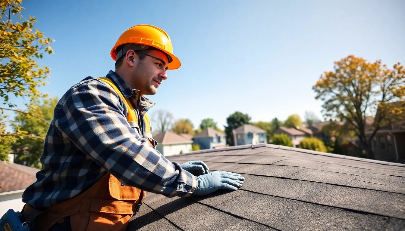 Inspecting twinsburg oh roof repairs with a professional contractor on a sunny day.