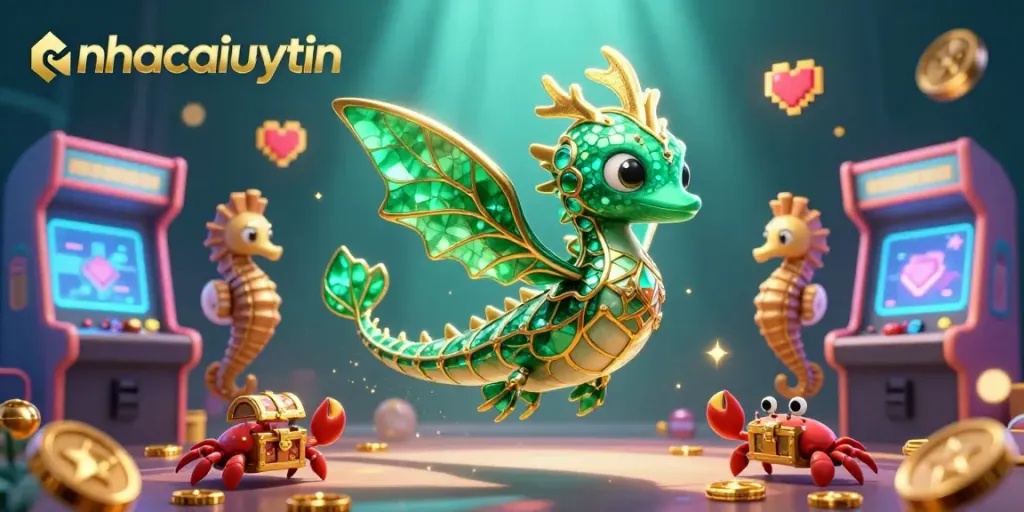 Engage with the magic of nhacaiuytin as a sea dragon and seahorses explore vibrant gaming treasures.