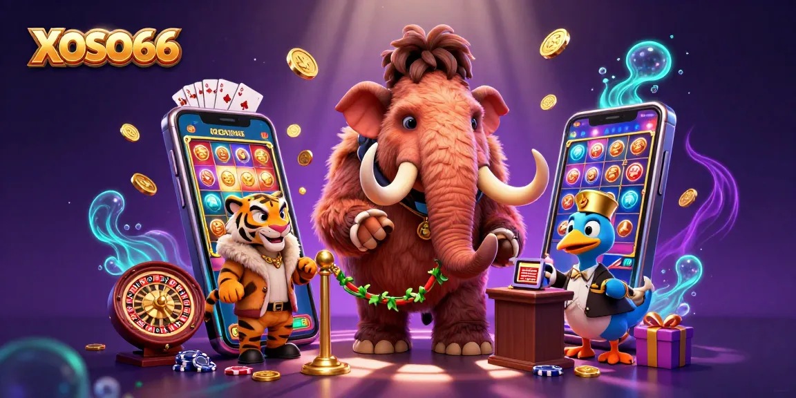 XOSO66 captures vibrant casino excitement with a woolly mammoth bouncer, saber-tooth VIP, and dodo doorman.