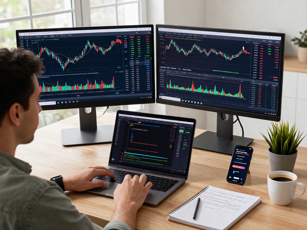 Dynamic trading workspace showcasing TradingView platform with multiple financial charts and coding activity, perfect for market analysis.