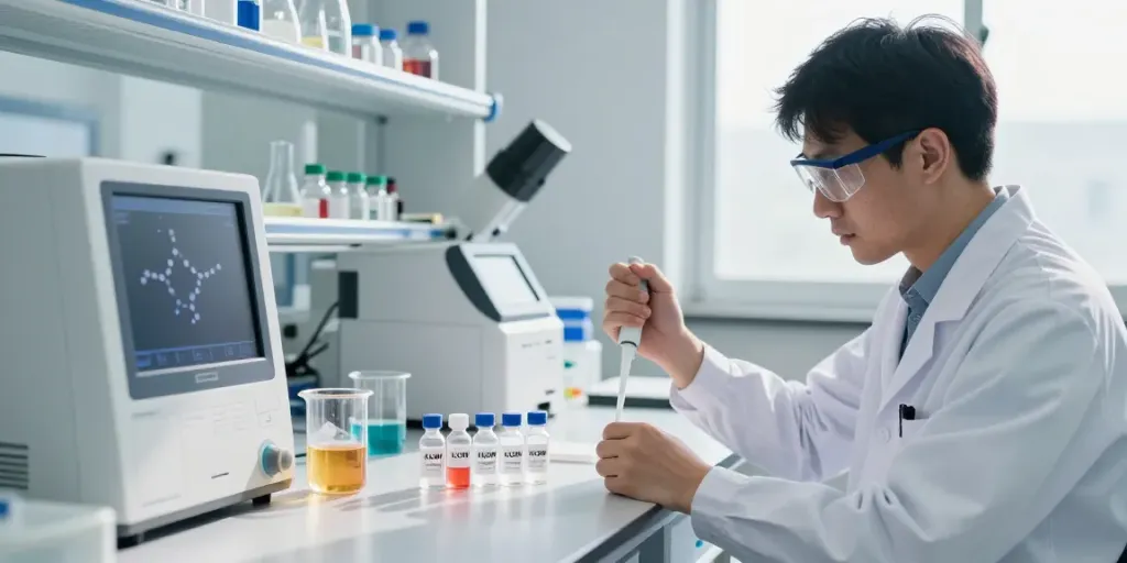 KLOW 80mg peptide blend research scene with scientist in modern laboratory.