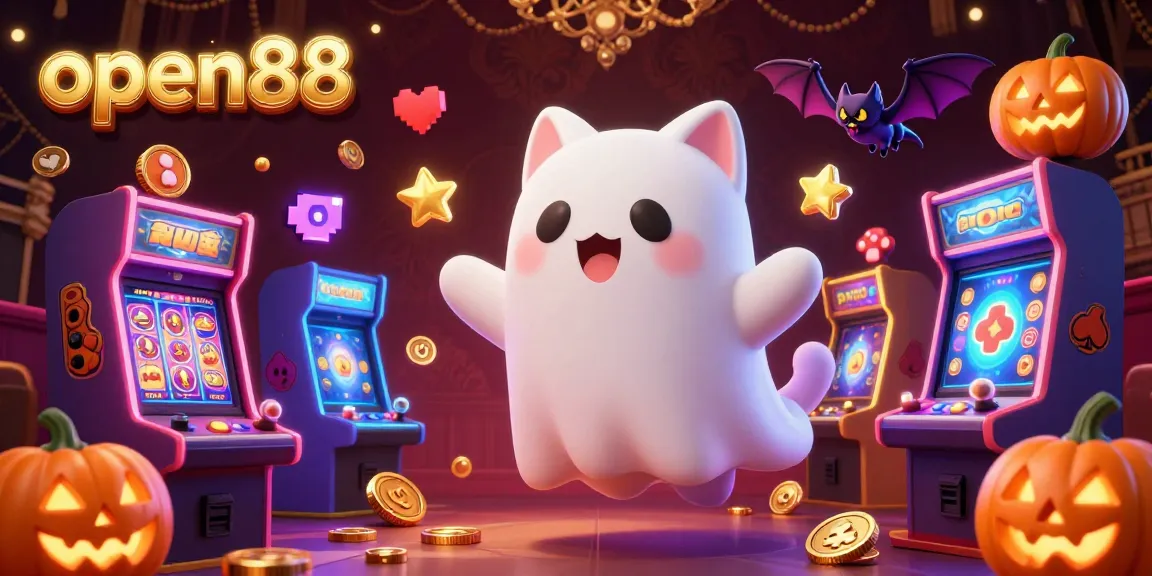 Experience thrilling gameplay at open88 with a lively casino scene featuring ghostly characters, colorful arcade machines, and vibrant elements.
