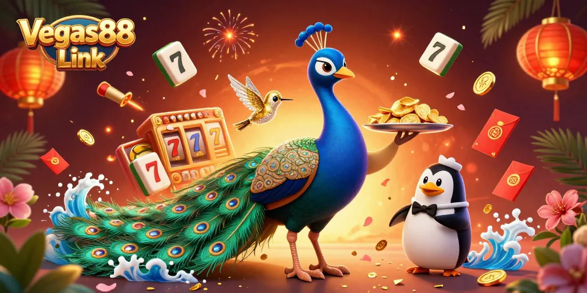 Experience winning at Vegas88 Link with a vibrant 3D casino scene featuring festive game elements and characters.