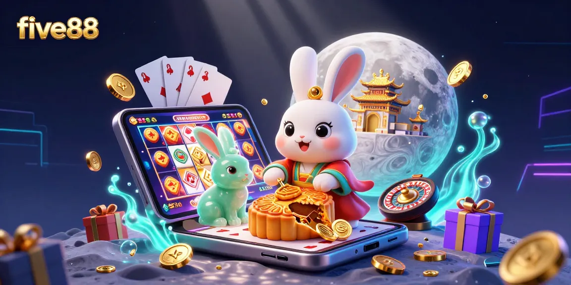 Experience the exciting five88 online casino with a vibrant 3D scene featuring traditional elements and dynamic gaming visuals.