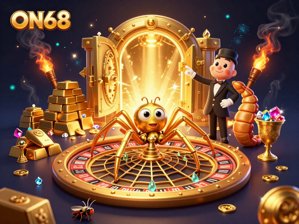 Engage with ON68 in a vibrant casino scene featuring a golden spider, bets, and treasures.