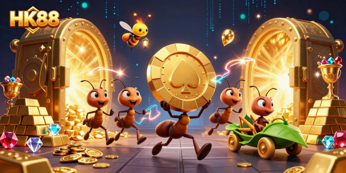 Join the adventure with HK88 as ants heist a giant poker chip in this vibrant casino-themed illustration.