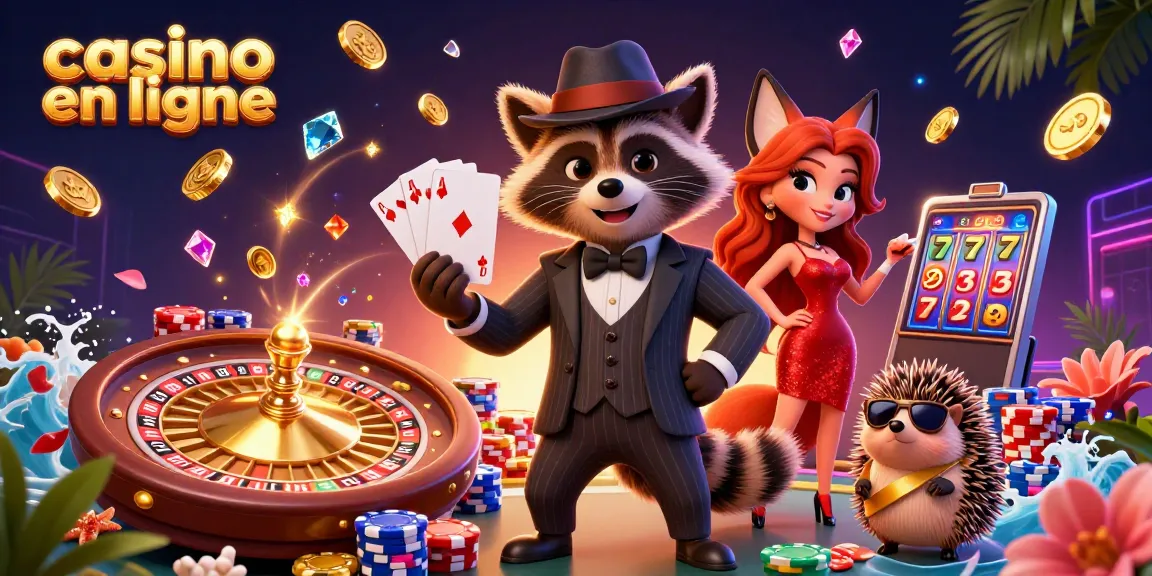 Le casino en ligne animé par un raton laveur charismatique et une renarde élégante, entourés de jetons et de pièces d'or.