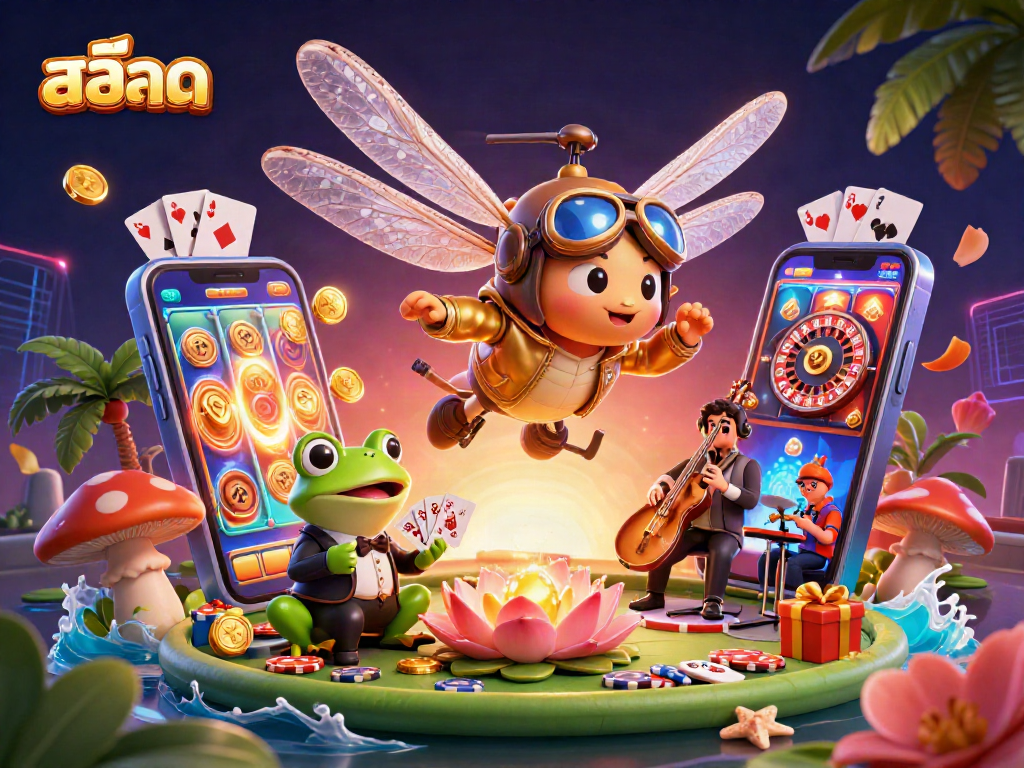 Play สล็อต with a dragonfly pilot and frog dealer in a vibrant casino scene filled with gaming riches.