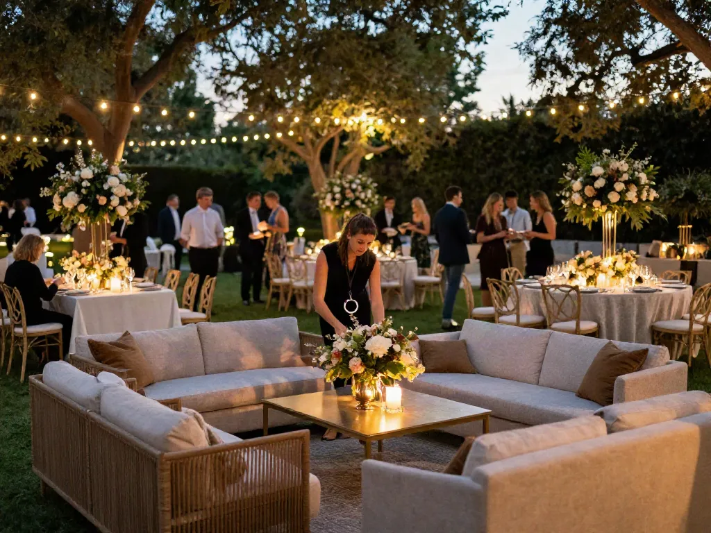 Event furniture rental set for an elegant outdoor wedding reception with luxurious lounge furniture and floral decorations.