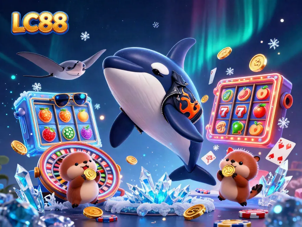 Experience the thrilling world of LC88 with a dynamic casino scene featuring colorful slot elements and playful sea characters.