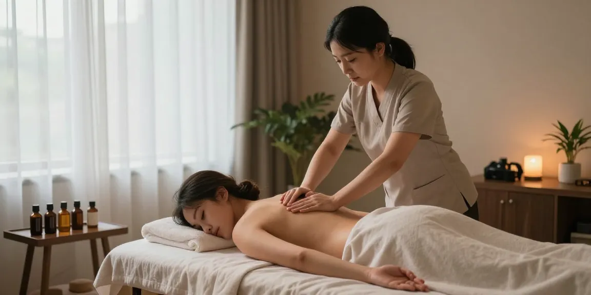 스웨디시 마사지 테라피 룸에서 고객에게 시술 중인 치료사 모습