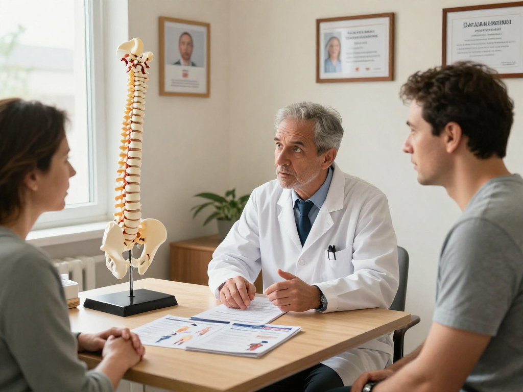 Discussing dar kanal ameliyatı with an orthopedic surgeon in a healthcare office.