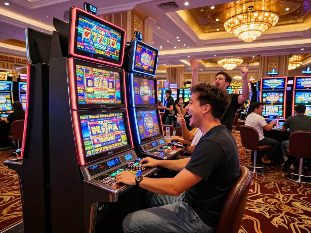 Pengunjung bermain mesin slot777 di kasino dengan suasana ceria dan alat perjudian yang berkilau.