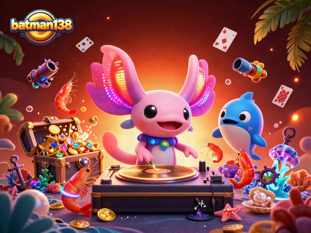 Spin and win at batman138 with vibrant underwater casino themed illustration featuring cheerful characters and game elements.