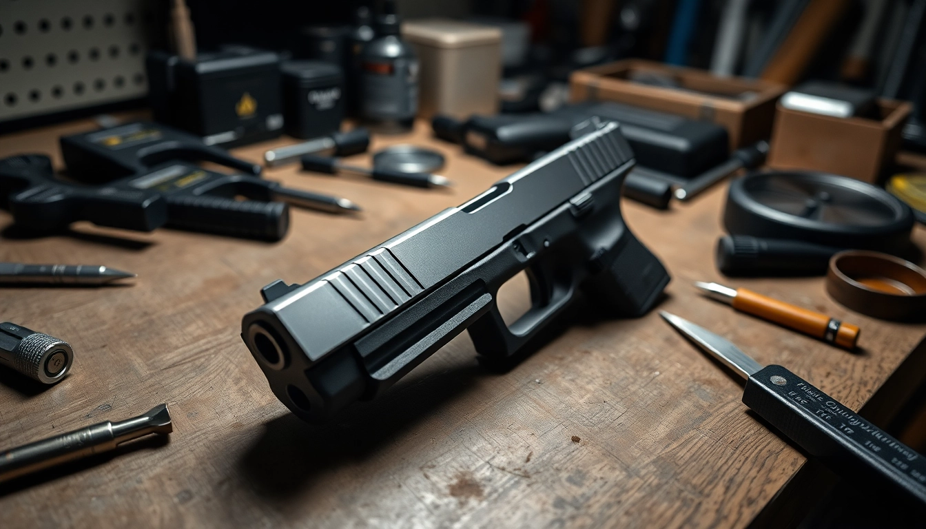 Shop for glock 17 slide for sale, featuring a high-quality slide in a professional workspace environment.
