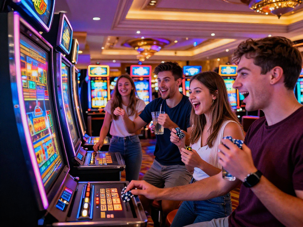 Pesta perjudian di kasino dengan teman bersemangat mencoba mesin slot777 di bawah cahaya neon yang cerah.