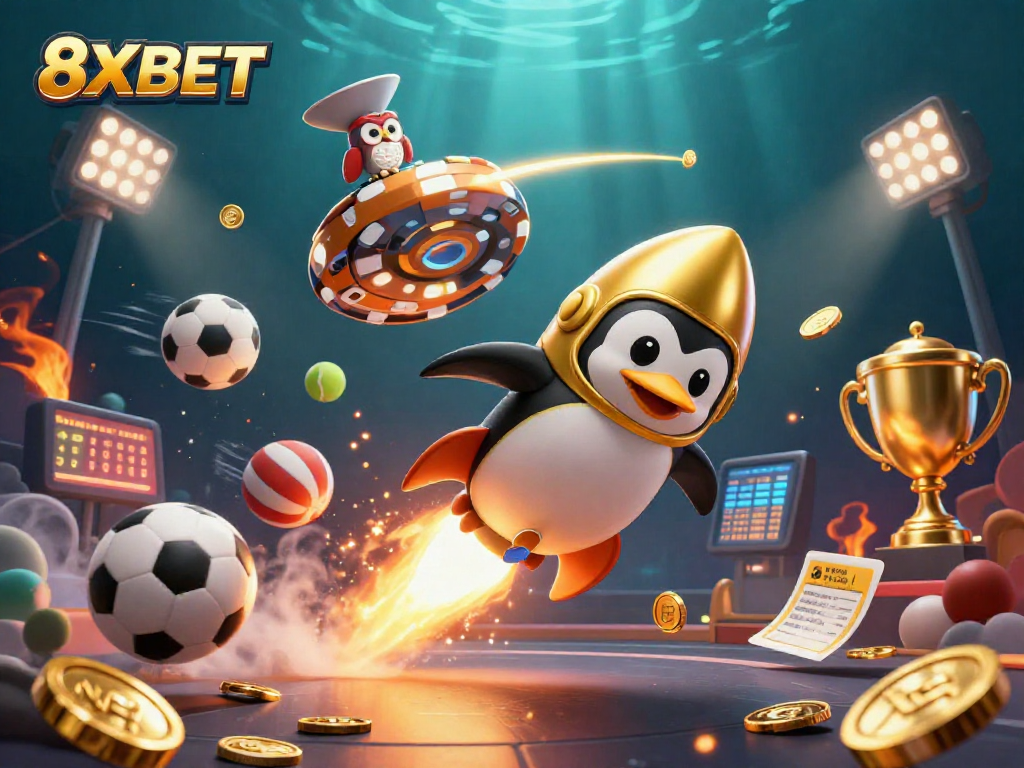 Experience gaming excitement with 8XBET, featuring a dynamic 3D penguin and vibrant sports elements.