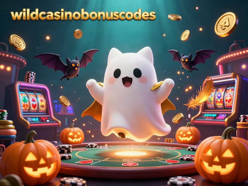 Win big with wildcasinobonuscodes as a friendly ghost cat and bat explore a vibrant casino.
