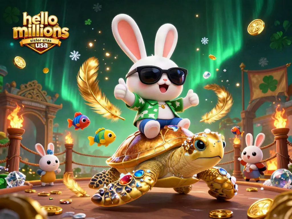 Discover engaging gameplay at hello millions sister sites usa with a lively rabbit and turtle in a vibrant casino scene.
