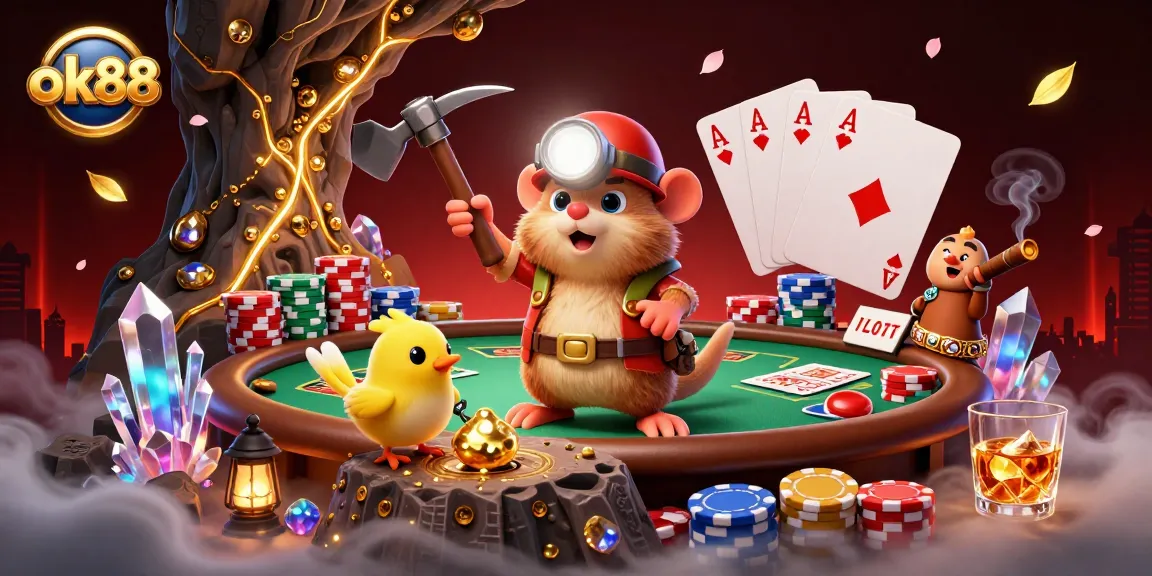 Engage in winning strategies at ok88 with a vibrant casino adventure illustration featuring treasure, poker elements, and rich details.