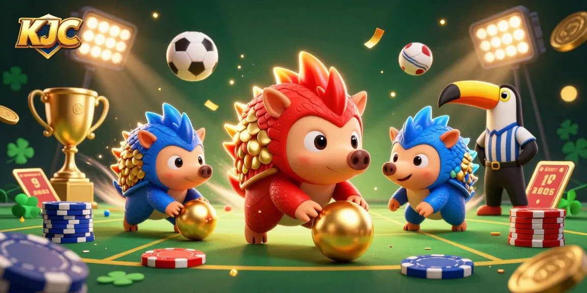 KJC features a dynamic illustration of rival pangolins, sporting sports balls, showcasing energy in online betting.