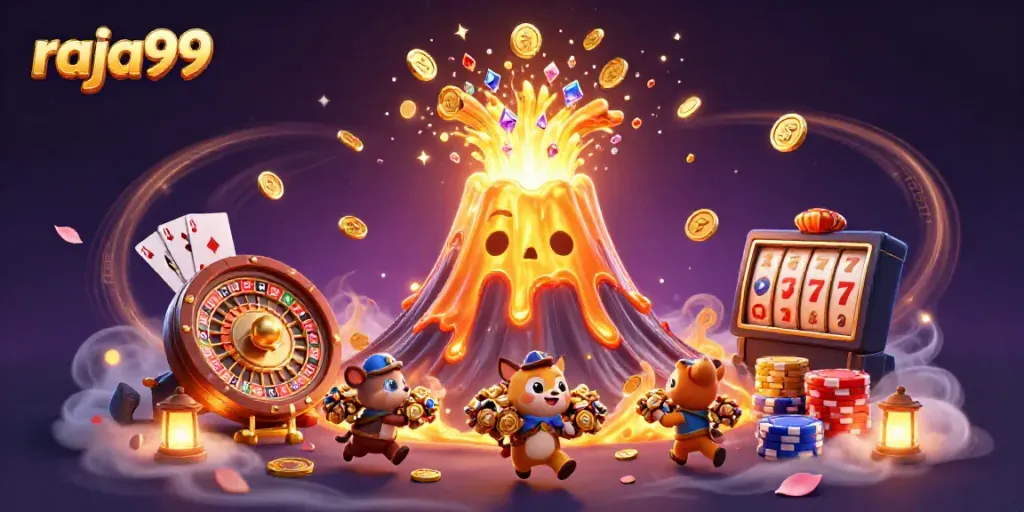 Experience thrilling wins with raja99 as golden treasures erupt from a volcano in a vibrant casino scene.
