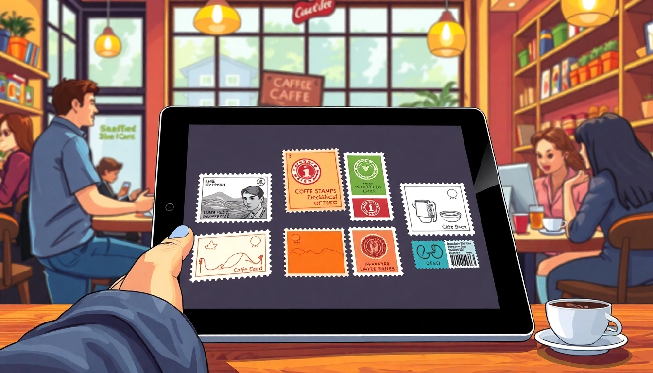 Create digital stamp cards showcased on a tablet in a lively cafe setting.