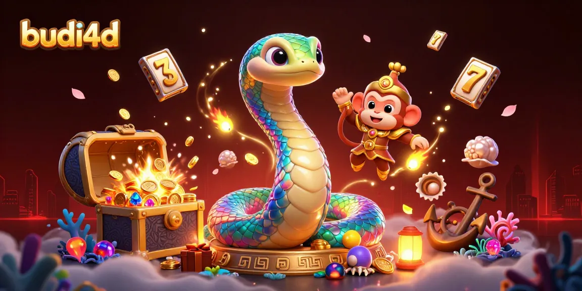 Budi4d captures the thrill of winning with a vibrant scene of a rainbow serpent and monkey king amidst slot reels and gold coins.