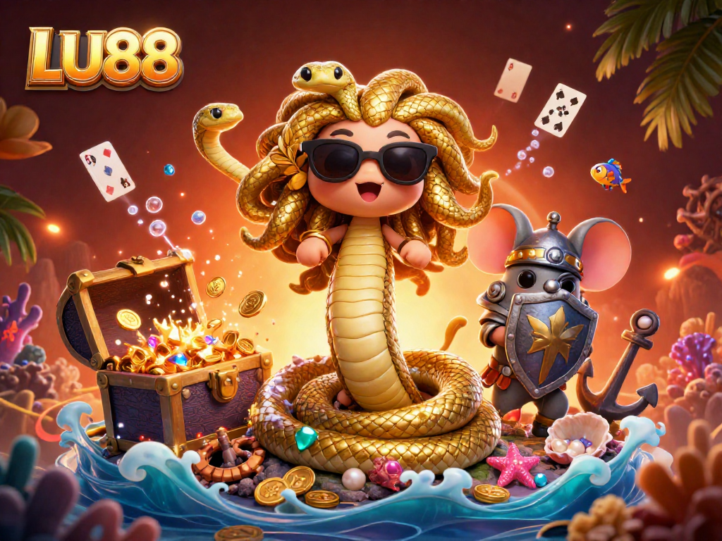 Engage with LU88's vibrant atmosphere in this 3D casino illustration filled with excitement and treasures.