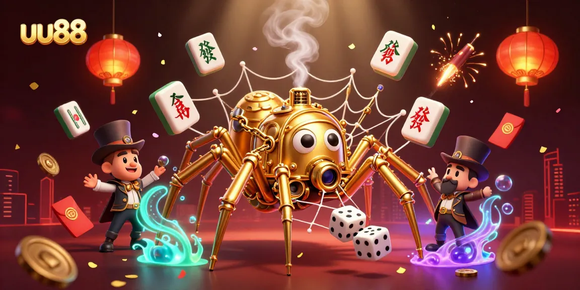 Experience exciting gaming at uu88 with a steampunk spider weaving a golden web amidst vibrant casino elements.